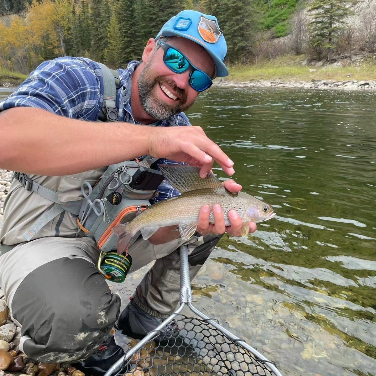 A fishing guide releasing a catch on a clear Alberta river