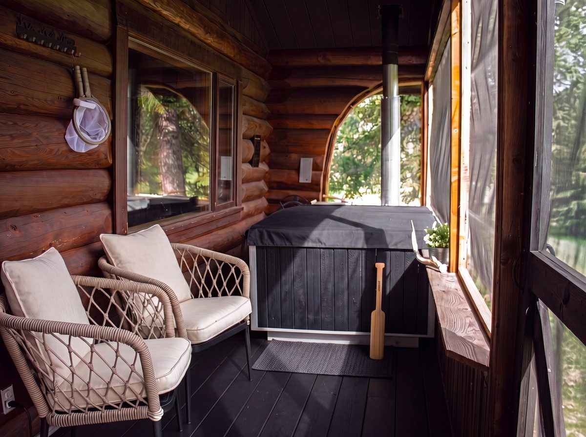 A wood-fired hot tub on a private screened cabin porch