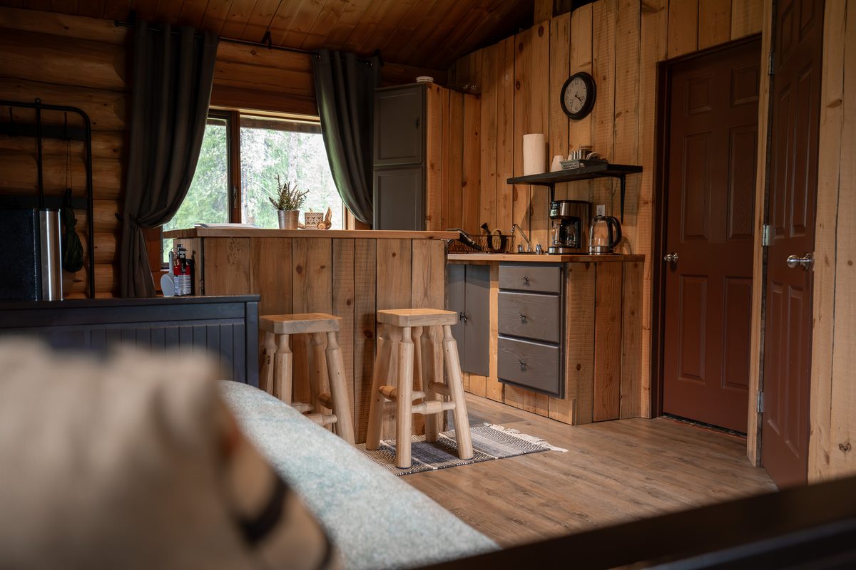 The cabin living room and wood-burning fireplace