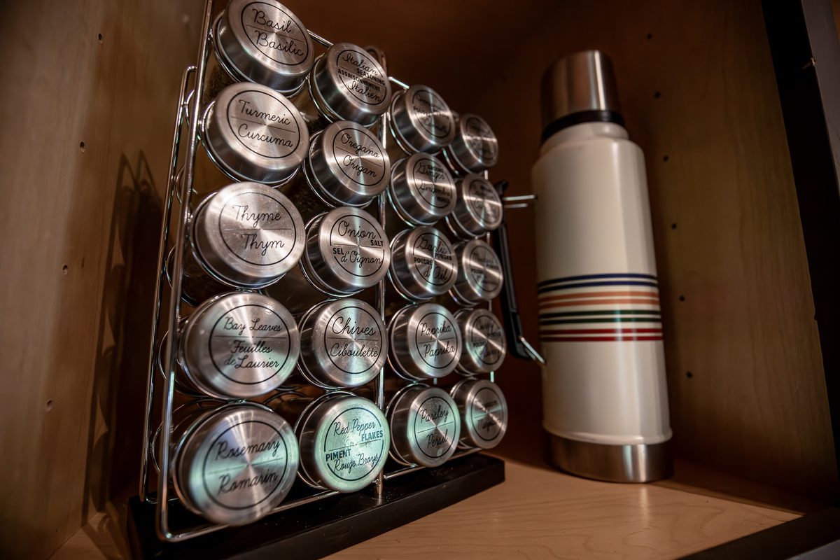 The cabin kitchenette, stocked and ready