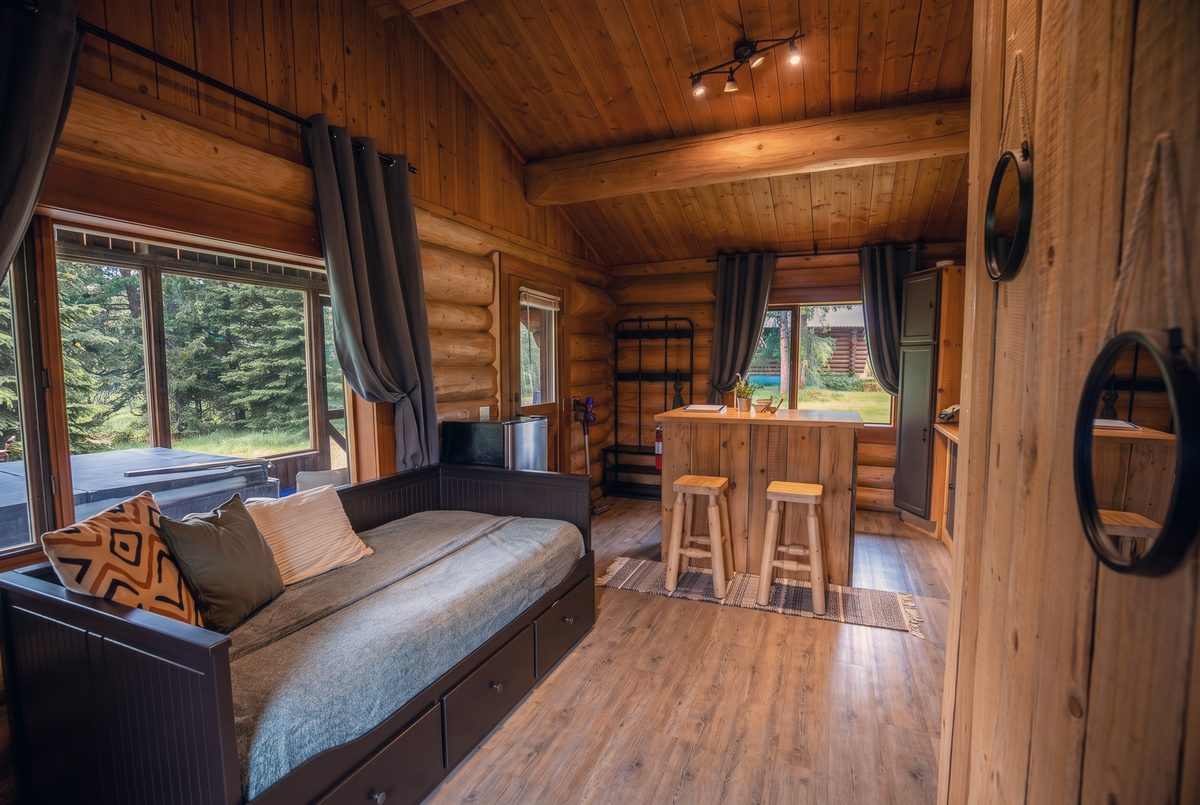 The cabin living room from above
