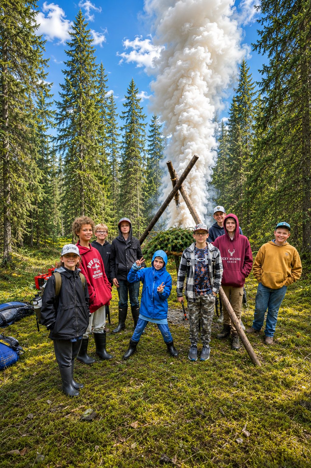 Kids gathered in the forest during Kids Camp at Rock Lake Earth Lodge