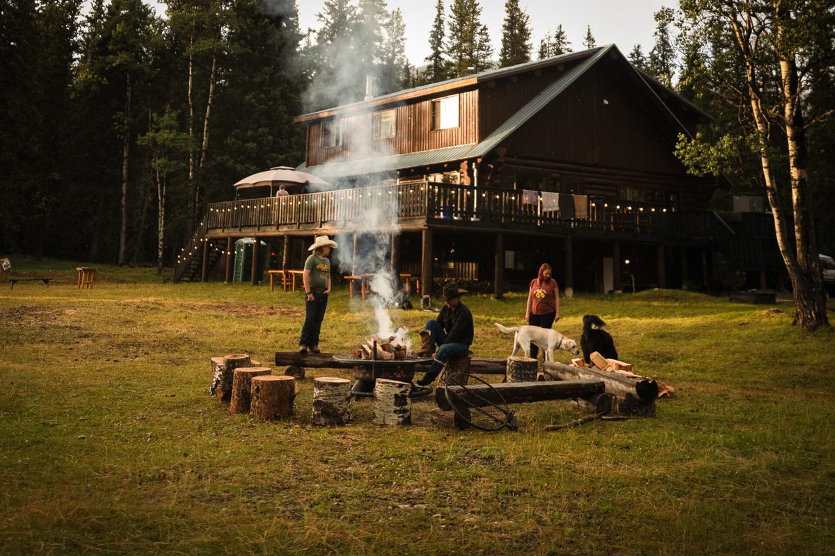 The campfire pit below the lodge with mountain views