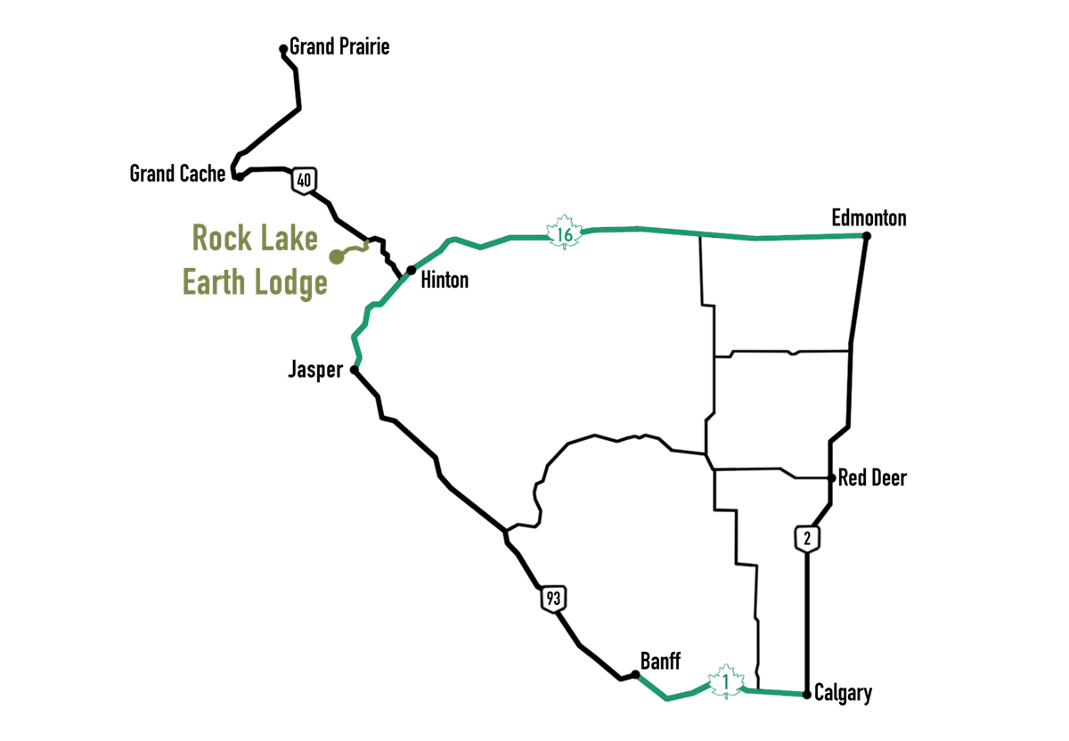 Hand-drawn route map to Rock Lake Earth Lodge from Hinton