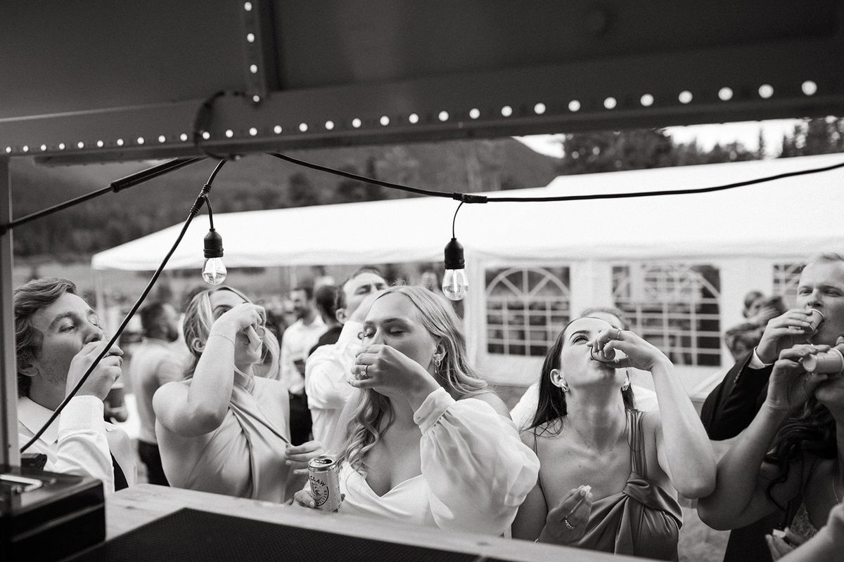 Wedding guests celebrating at the lodge
